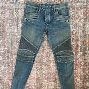 Balmain Men’s Skinny Moto Jeans in Washed Blue Denim